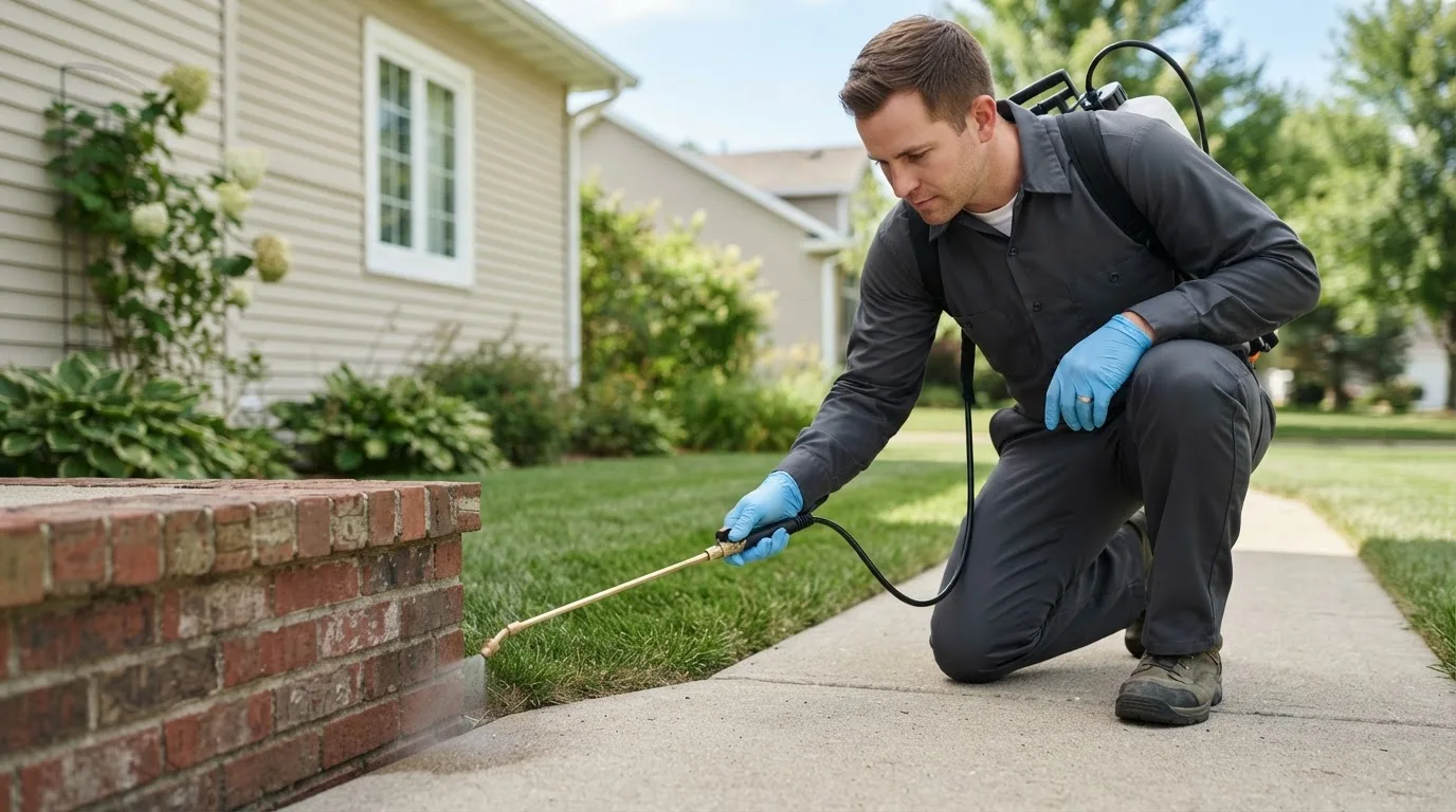 Pest control technician treating a home near Harmonsburg, PA